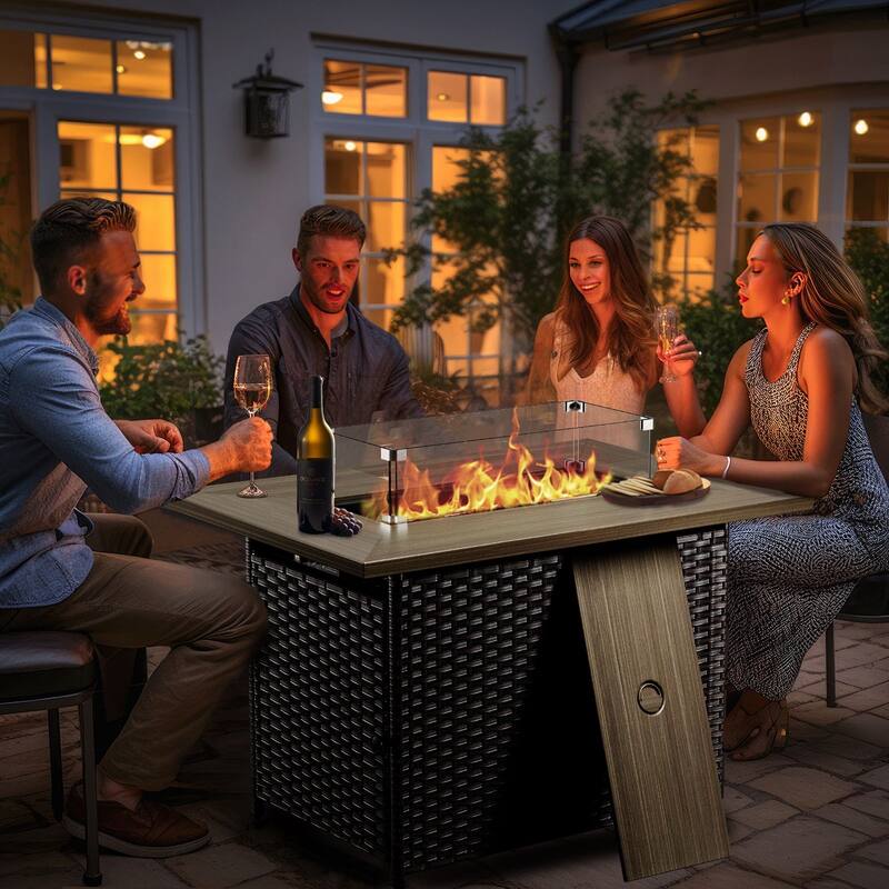 Outdoor Propane Fire Pit Table - 55000 BTU, Adjustable Flames with Wind Guard - Rectangle