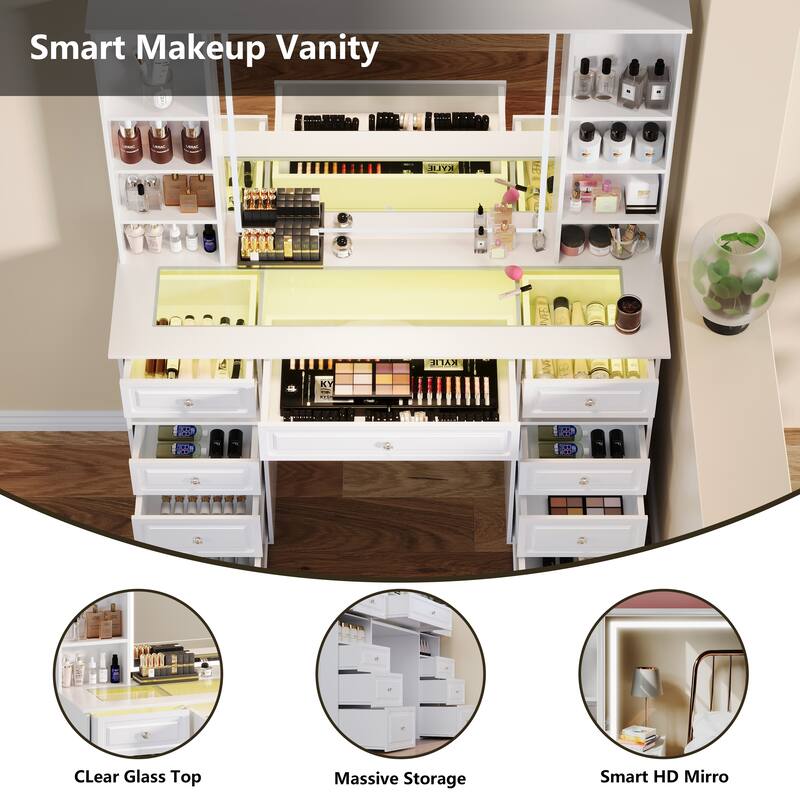 Modern Vanity Set with Lighted Mirror,Extra Large Mirror Makeup Vanity Table with 9 Drawers,European Style Vanity