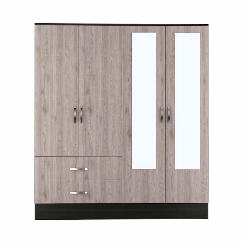 HomeRoots 71" Light Oak and Black Four Door Wardrobe Closet with Mirrors