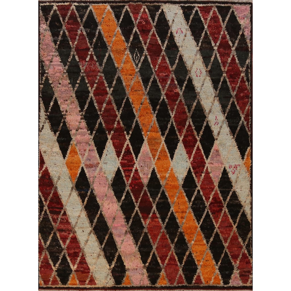 Multi-Color Trellis Moroccan Rug Hand-Knotted Wool Carpet - 5'0" x 6'7"