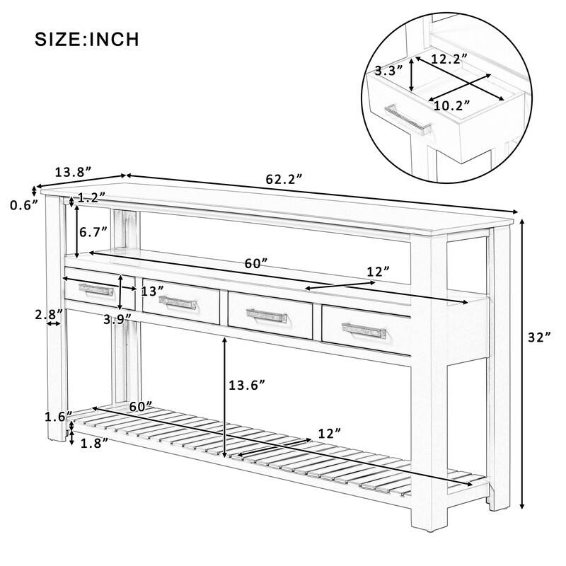 Modern 62'' Console Table Sofa Entryway Table with 4 Drawers and 2 Shelves, Wood Kitchen Buffet Cabinet Sideboard, Accent Table