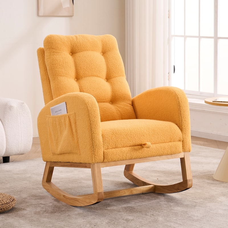 Rocking Chair with Footrest, Nursery Glider Chair with Rubber Wood Legs Side Pocket, High Back Nursing Chair