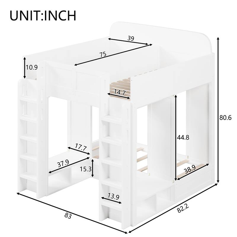 Roomfitters Triple Bunk Bed with Twin, Twin and Twin XL Beds, Storage Shelves and Hooks