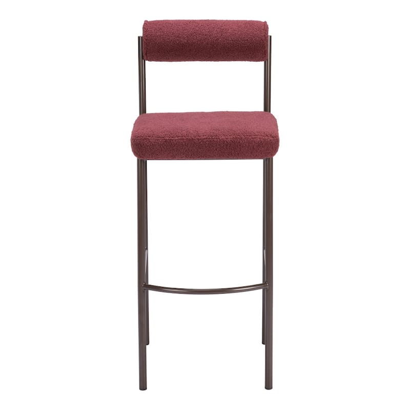 Set of Two 30" Red and Bronze Shearling and Steel Low Back Bar Height Bar Chairs