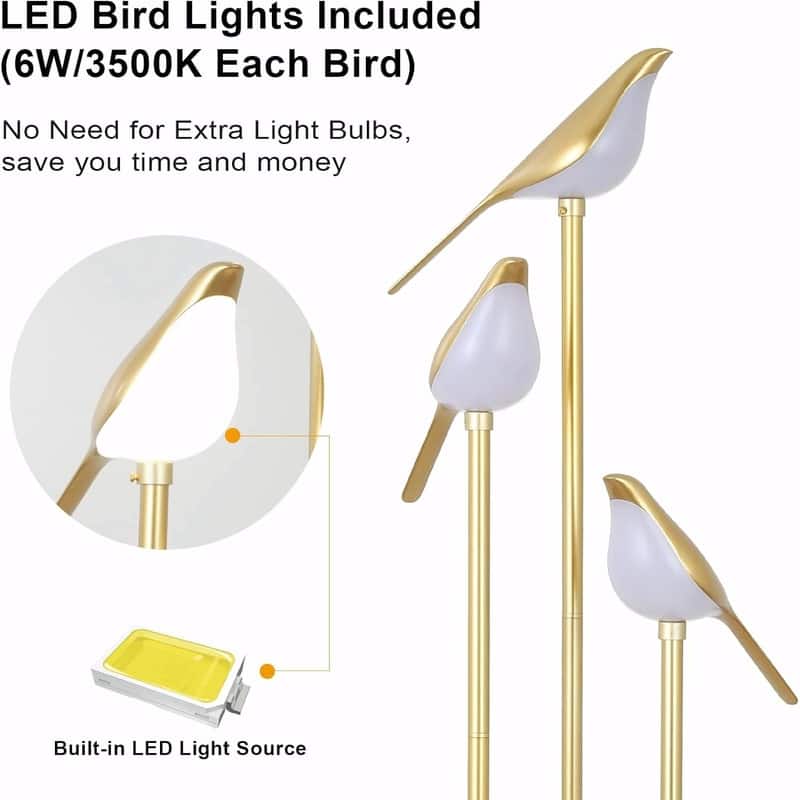 Gold Modern Floor Lamp with Shelves - Mid-Century Standing Lamp with 3 Adjustable LED Bird Lights
