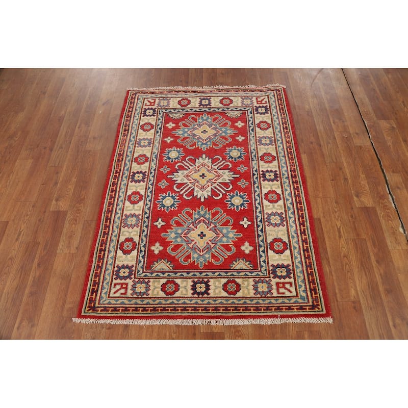 Red Kazak Foyer Rug Hand-Knotted Geometric Wool Carpet - 3'0"x 4'0"