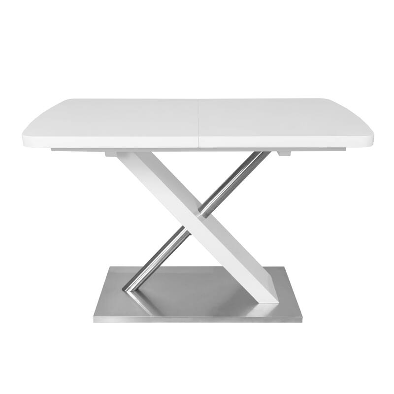 Modern Square Dining Table, Stretchable, with X-Shape Table Leg with Metal Base