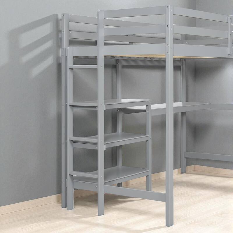 Twin Size Wooden Loft Bed with Desk, Shelves and Writable Board, Space Saving Work and Sleep Station
