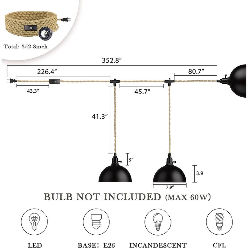 3-Light Pendant Light with Plug in Cord,Industrial Hanging Lamps with 29FT Twisted Hemp Rope Switch