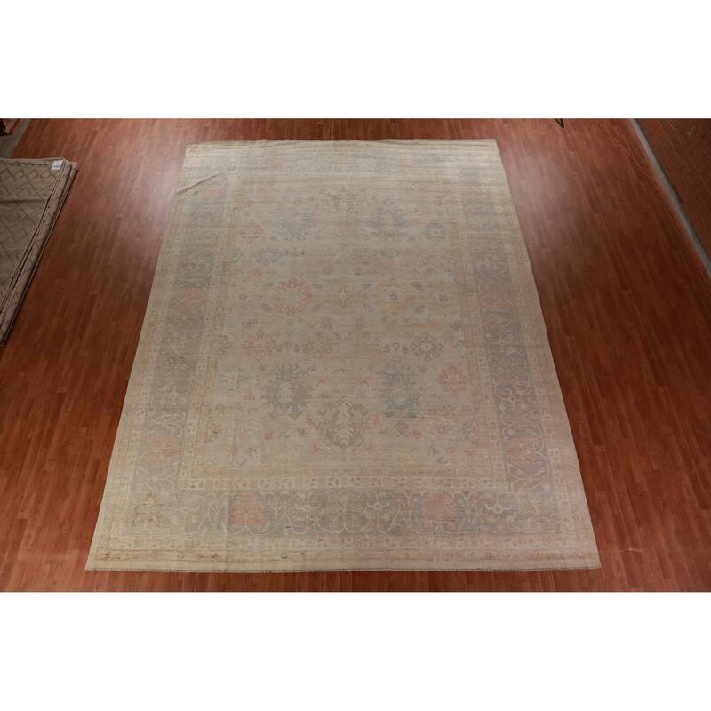 Hand Knotted Oriental 100% Wool Carpet Transitional All-Over Beige & Ivories Oushak Area Rug - 14' 9'' X 11' 4''