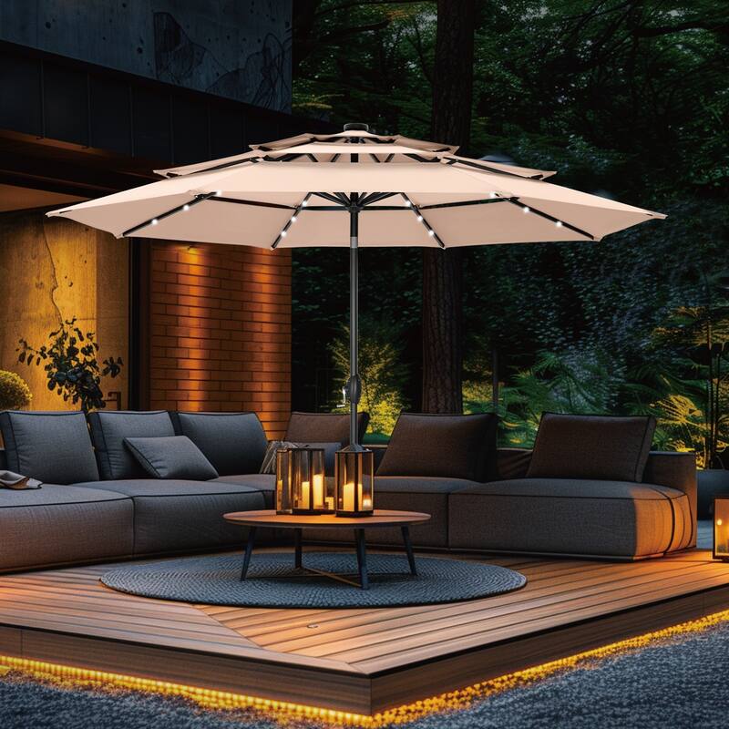 MAISON ARTS 10ft 3 Tier Auto-tilt Patio Umbrella Outdoor Double Vented Umbrella with LED Lights