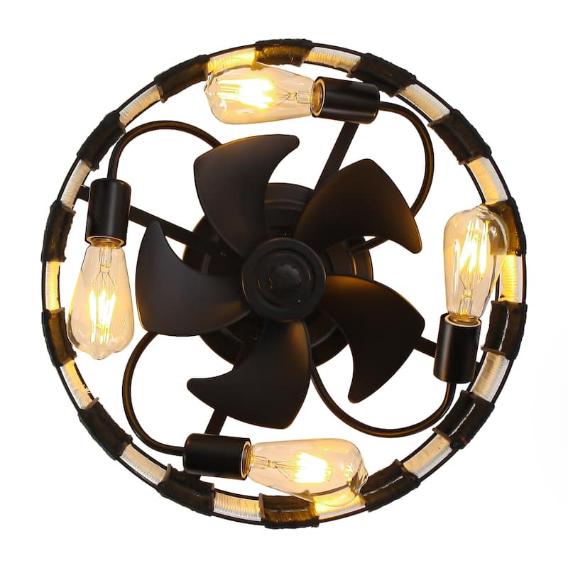 17.7" Black Hand-Woven Hemp Rope Caged Ceiling Fan Light with Remote and App