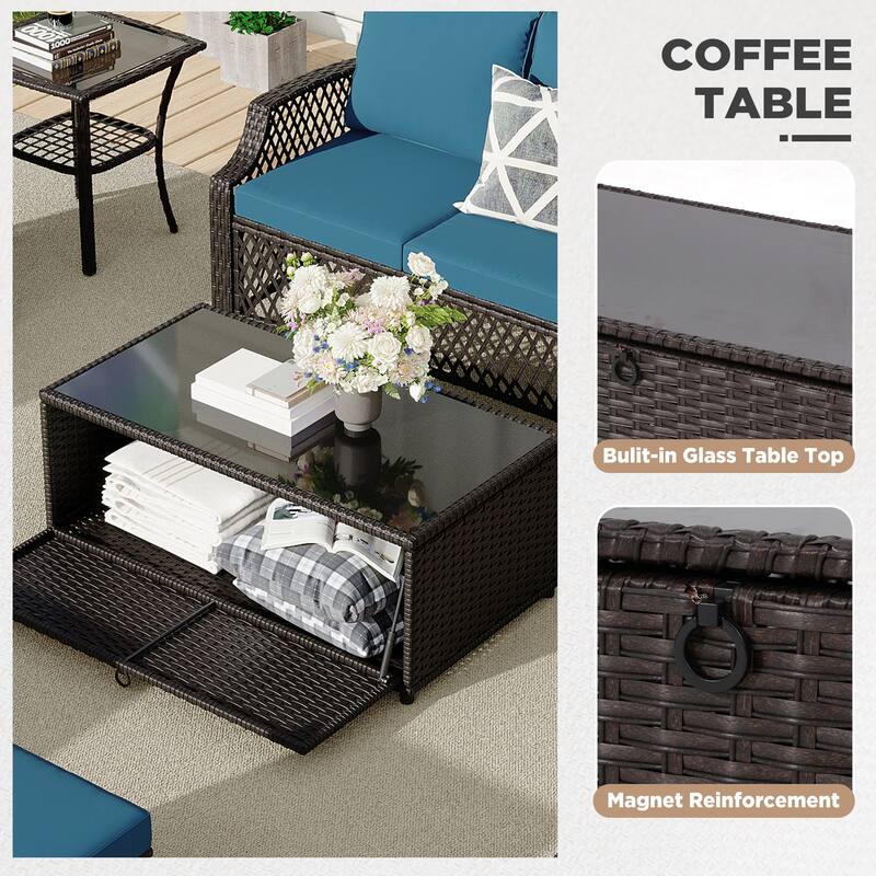 Outdoor Wicker Patio Set w Swivel Chairs & Sofa, Ottomans and Tables, Modular 3/5/6/7-Piece, All-Weather Conversation Set.