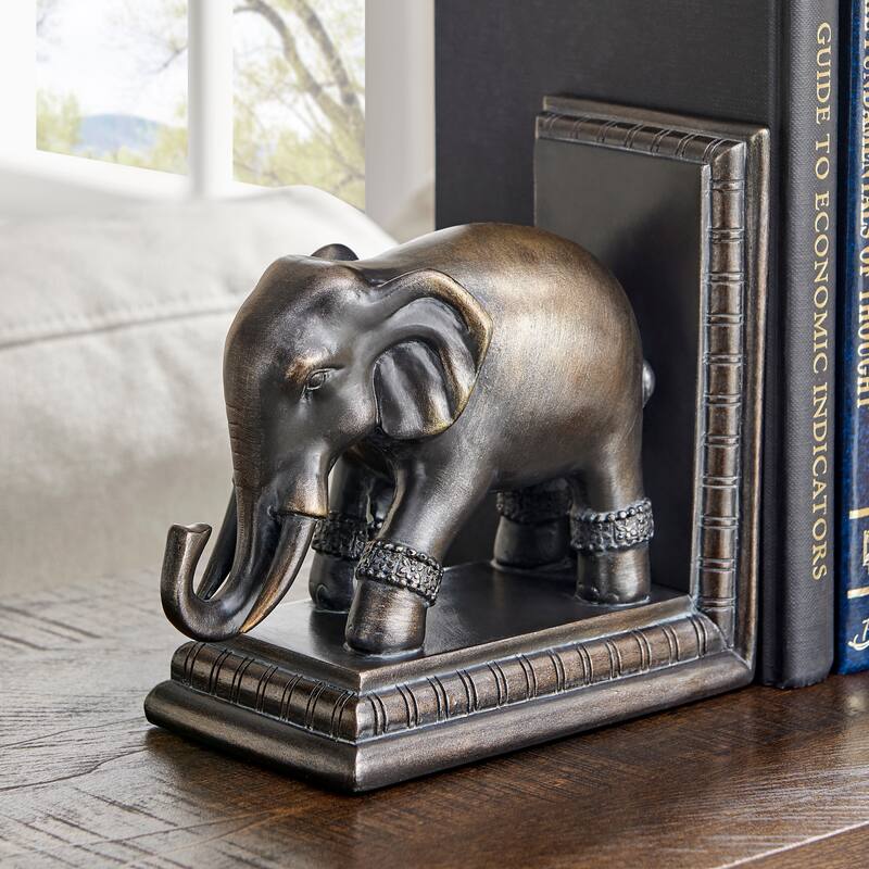 Danya B. Ornate Elephants Polyresin Bronze Patina Finish Bookend Set of 2