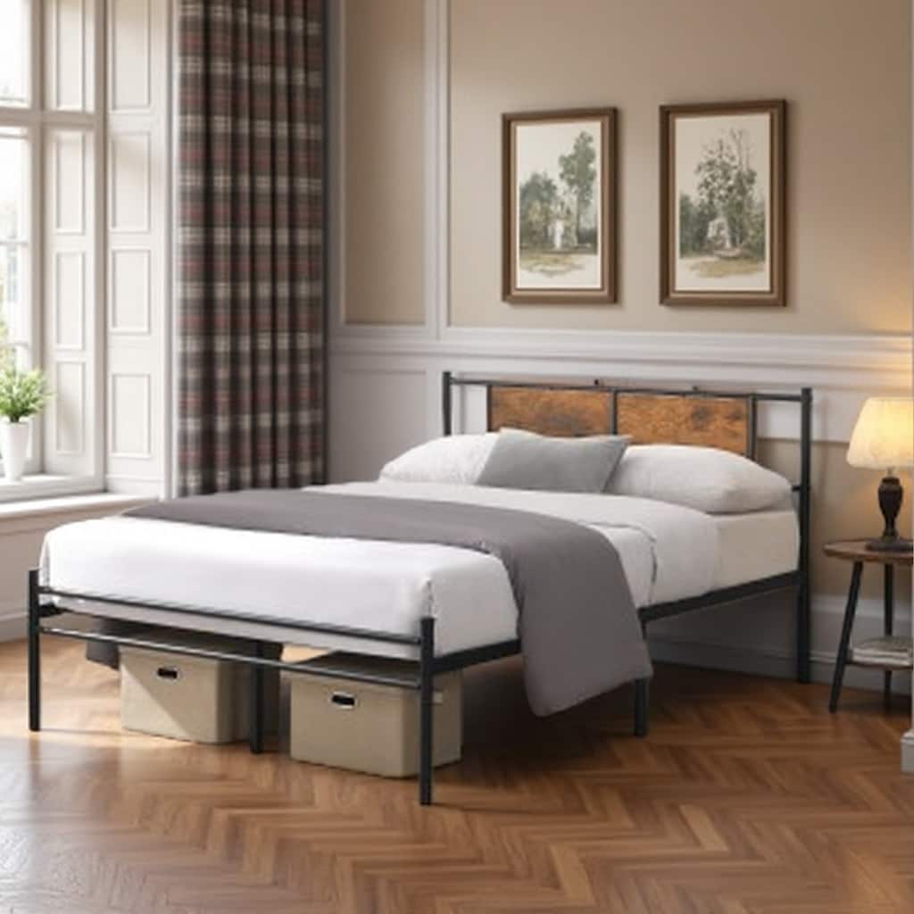King Size Black Metal Bed Frame with Decorative Wood Headboard Panel, Durable Steel Construction, Under-Bed Storage Space