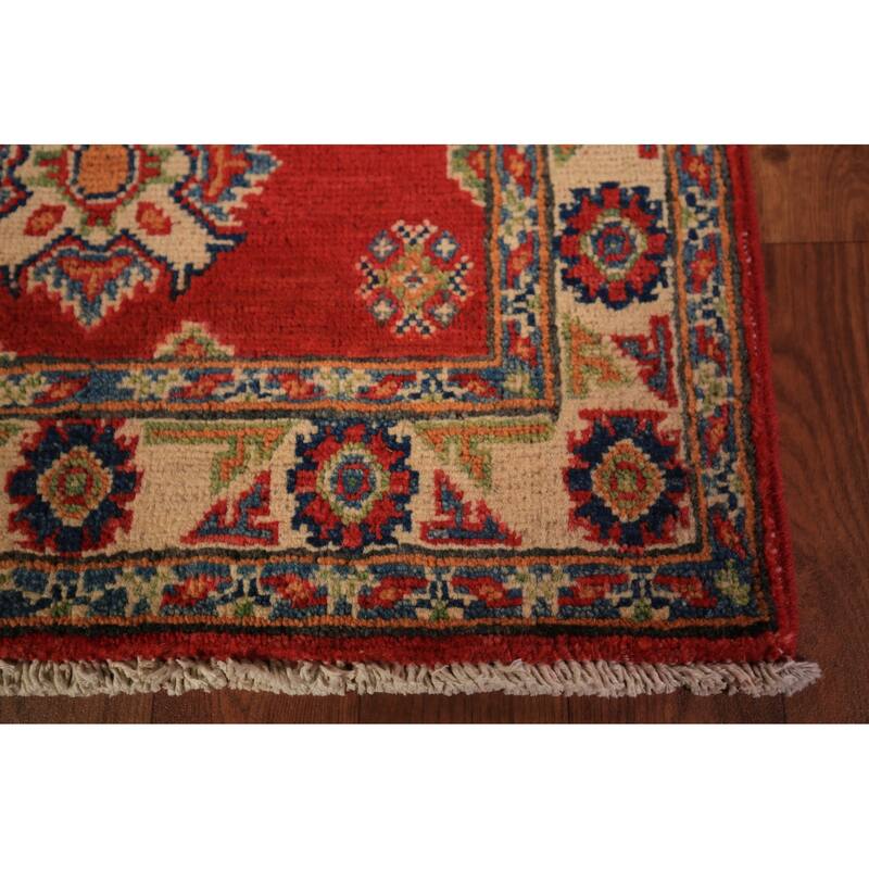 Geometric Red Kazak Foyer Rug Hand-Knotted Traditional Wool Carpet - 2'0" x 3'0"
