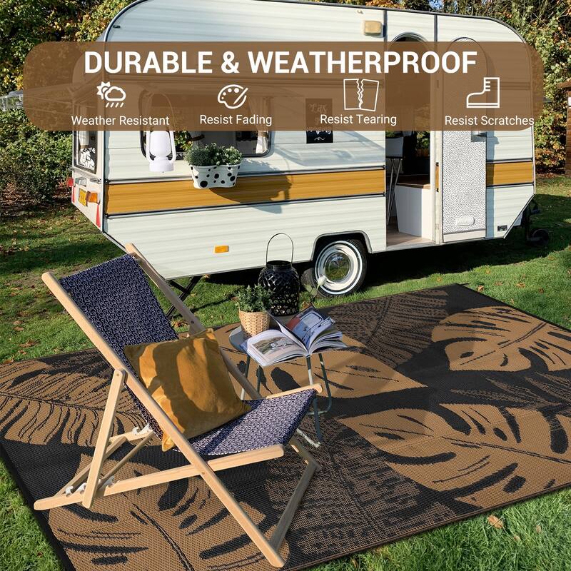 Outdoor Rug Waterproof Reversible Rug Modern Leaves Plastic Straw Area Rug