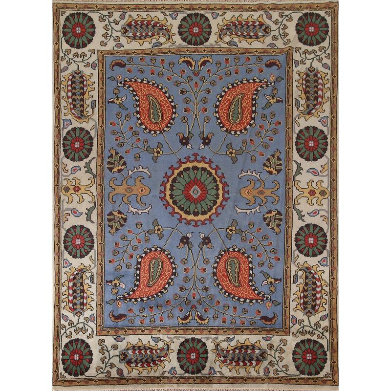 Blue Paisley Kazak Oriental Area Rug Wool Carpet - 7'10"x 10'2"