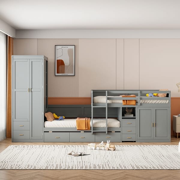 slide 2 of 31, Twin Bunk Bed with Trundle, Desk, Wardrobe & Drawers - Multi-Functional Bed, Grey Grey