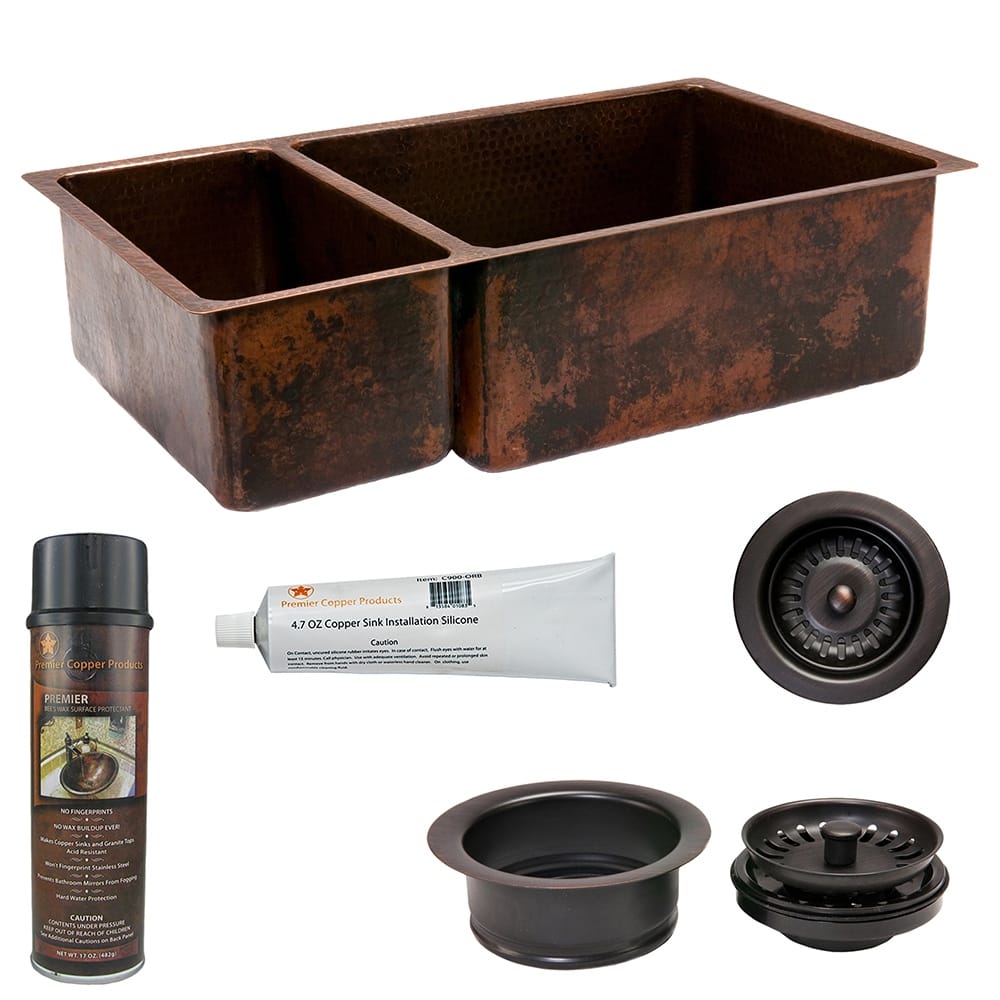 33-in Hammered Copper Kitchen 25/75 Double Basin Sink with Matching Drains, and Accessories (KSP3_K25DB33199)