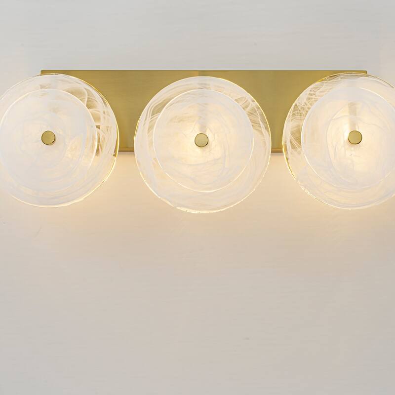 3-Light Mid-Century Modern Brushed Brass Vanity Light with Cloud-Textured Round Glass glass disc