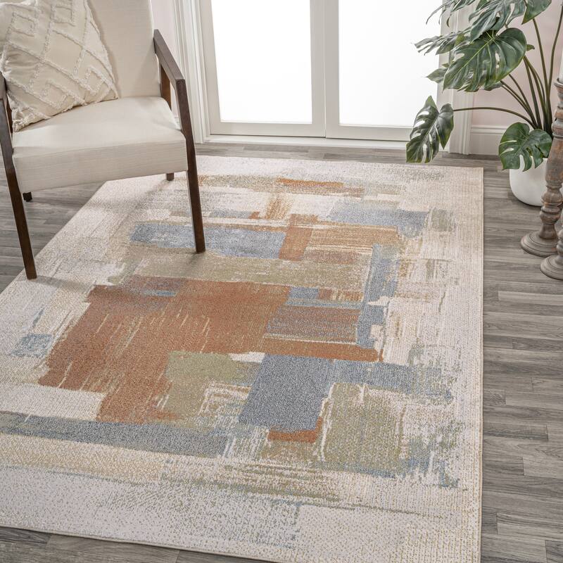 JONATHAN Y Gingham Abstract Coastal Watercolor Machine-Washable Cream/Multi Area Rug
