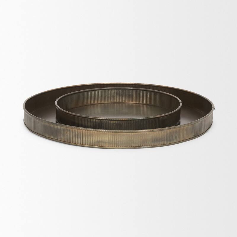 Varun Round Antiqued Brass Metal Tray (Set of 2) - 18.5L x 18.5W x 1.8H