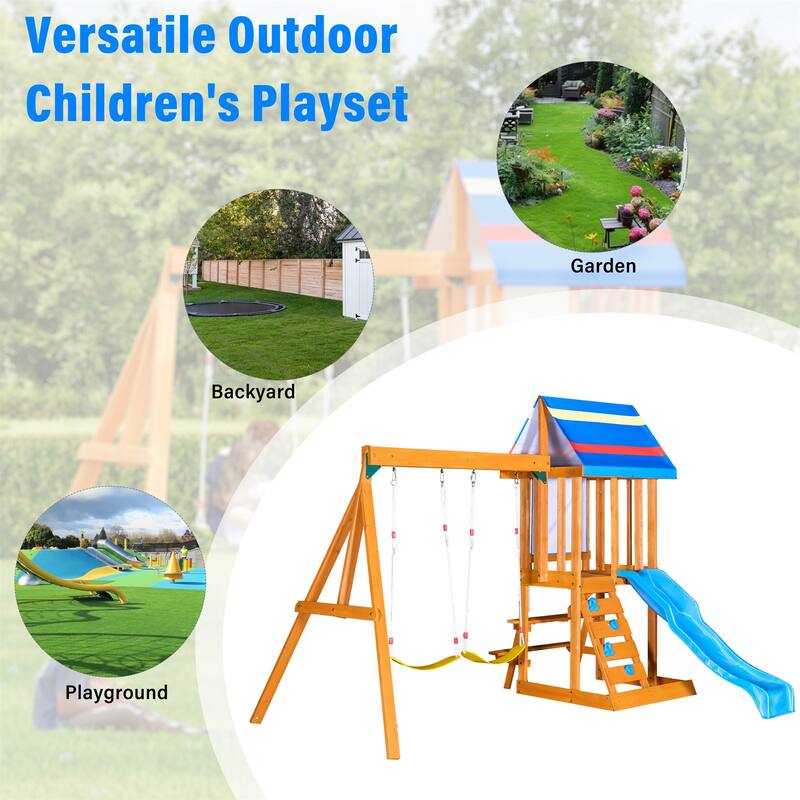 Outdoor 3 in 1 Wood Swing Set with Slide, 2 Swings and Climber