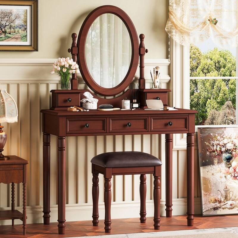 Vintage Vanity Desk with Adjustable Angle Mirror, Makeup Desk with 5 Drawers, Dressing Table Set with Cushioned Stool - Walnut