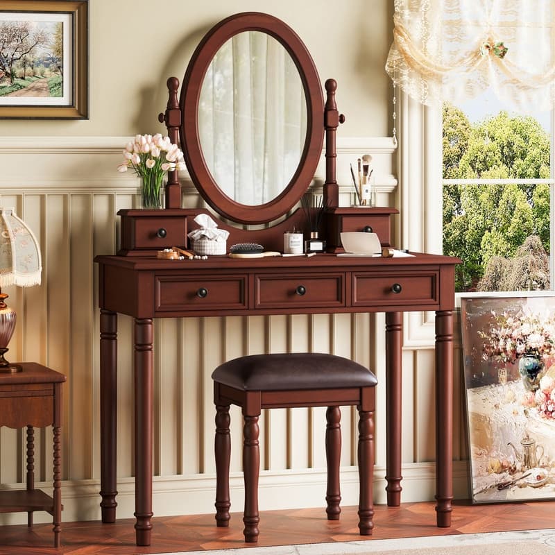 Vintage Vanity Desk with Adjustable Angle Mirror, Makeup Desk with 5 Drawers, Dressing Table Set with Cushioned Stool