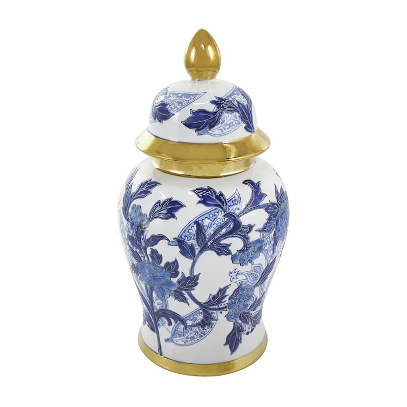 Ceramic Floral Living Room Decorative Jars with Cream and Gold Accents - Blue - Roche River Decor