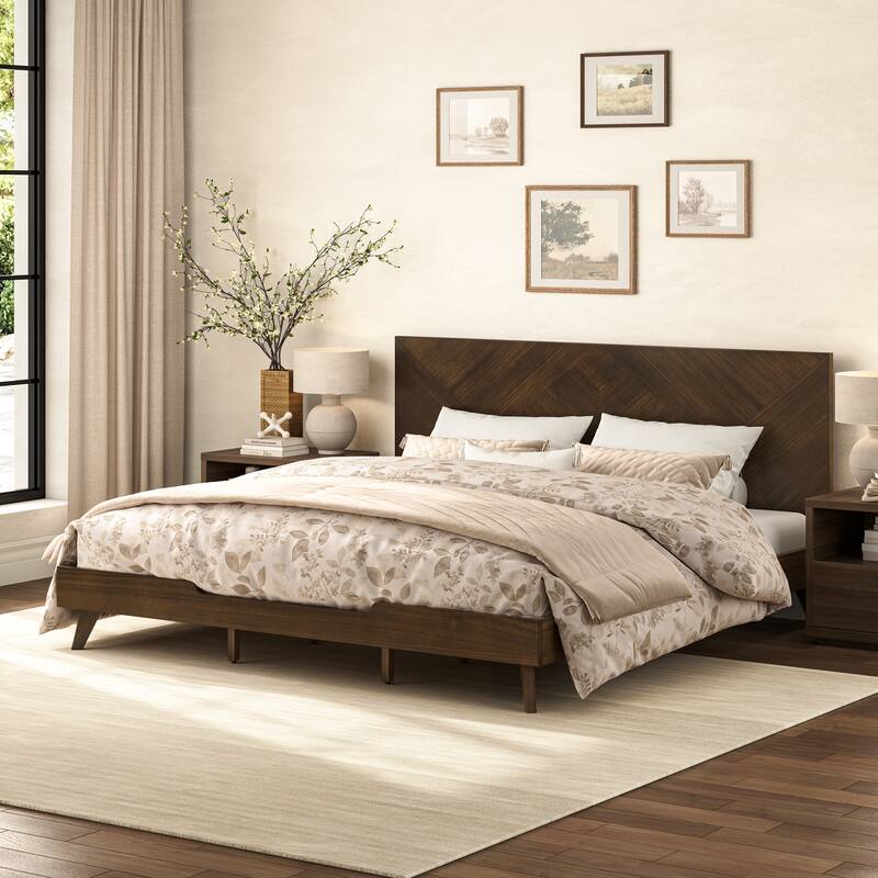 Solid Wood Panel Platform Bed with Headboard - King