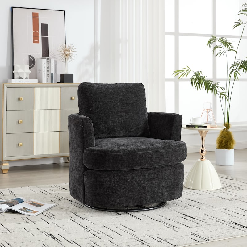 Upholstered Swivel Chair with Metal Base, Chenille Fabric Accent Chair with Curved Back, Living Room Single Sofa