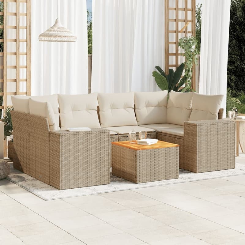 vidaXL Patio Sofa Set with Cushions Outdoor Furniture 7 Piece Poly Rattan - 21.7 x 21.7 x 14.6 - Beige and cream Large