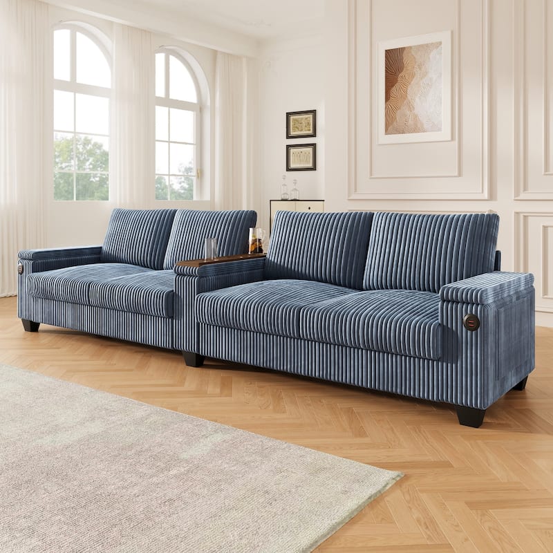 4-Seater Modern Corduroy Sofa Couch with USB Ports, Hidden Storage, and Flip-Top Cup Holders