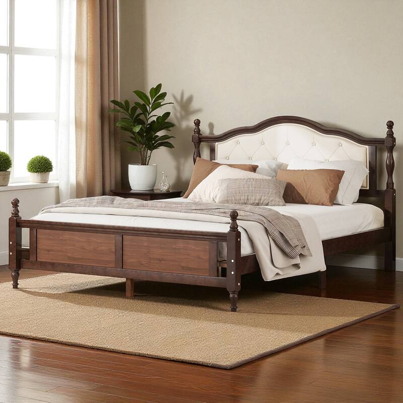 Queen Size Pine Wood Bed with Upholstered Headboard and Panel Footboard, Solid Frame with Central Support and Under-Bed Storage