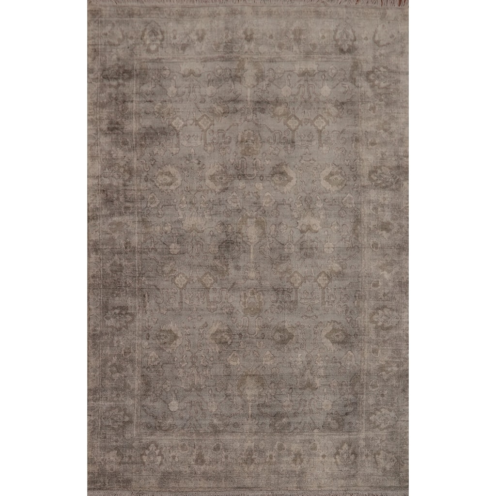 Hand-knotted Transitional Silk Carpet Grey Oushak Rug Floral Oriental Area Rug - 8' 0'' X 5' 7''