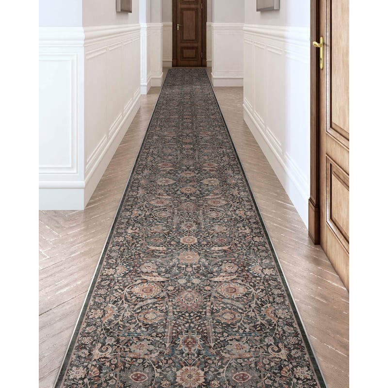 Custom Size Runner Asha Liana Vintage Persian Oriental Stair Rug - Charcoal Grey - 2' 3" x 16' - Runner