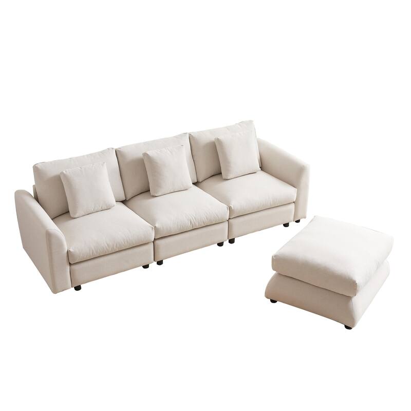 102.2" Fabric L-Shaped Modular Sofa with Ottoman, 3 Cushions & 3 Pillows - Convertible Sleeper Sofa