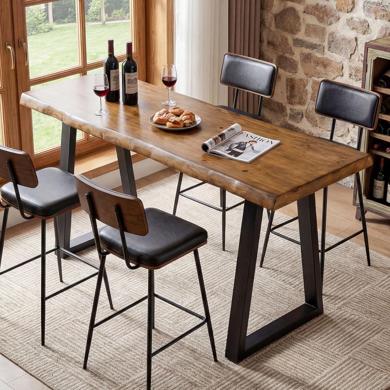 63” Solid Wood Bar Table, Heavy Duty Commercial Counter Height Table with Metal Legs