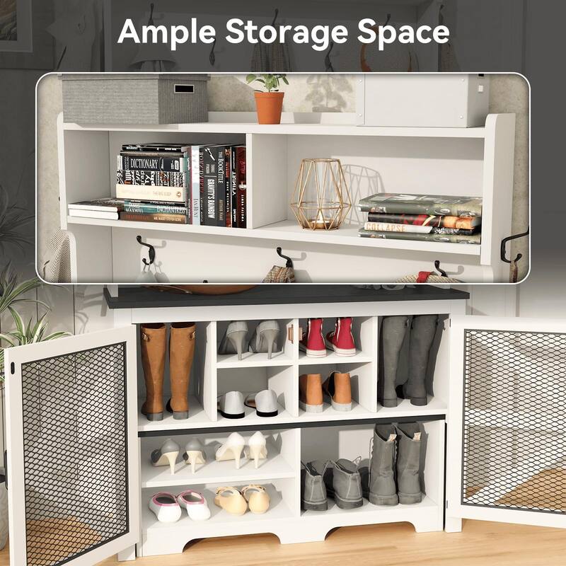 Gymojoy 77" Hall Tree with Bench & Shoe Storage, 4-in-1 Farmhouse Entryway Organizer for Mudroom, Hallway