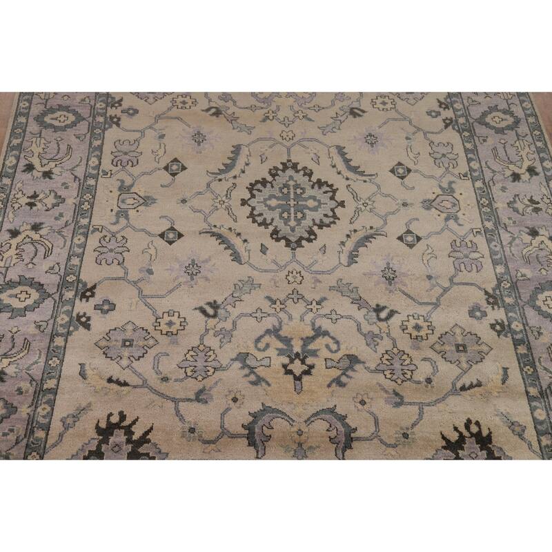 Oushak Indian Area Rug Handmade Beige Floral Wool Carpet - 9'0"x 11'7"