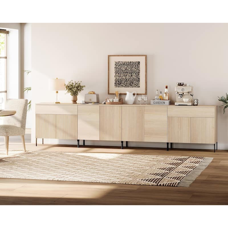 126" Modern Reeded 8-Door Sideboard With Drawers, 4-In-1 Wooden Credenza
