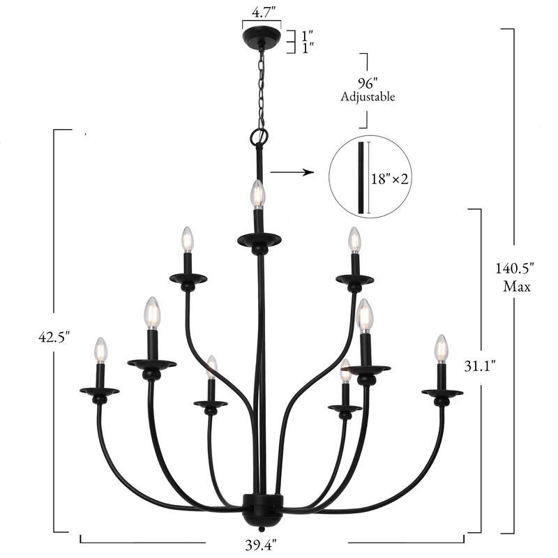 Modern Farmhouse 9-Light Black Chandelier Classic Tierd Lights for Dining Room