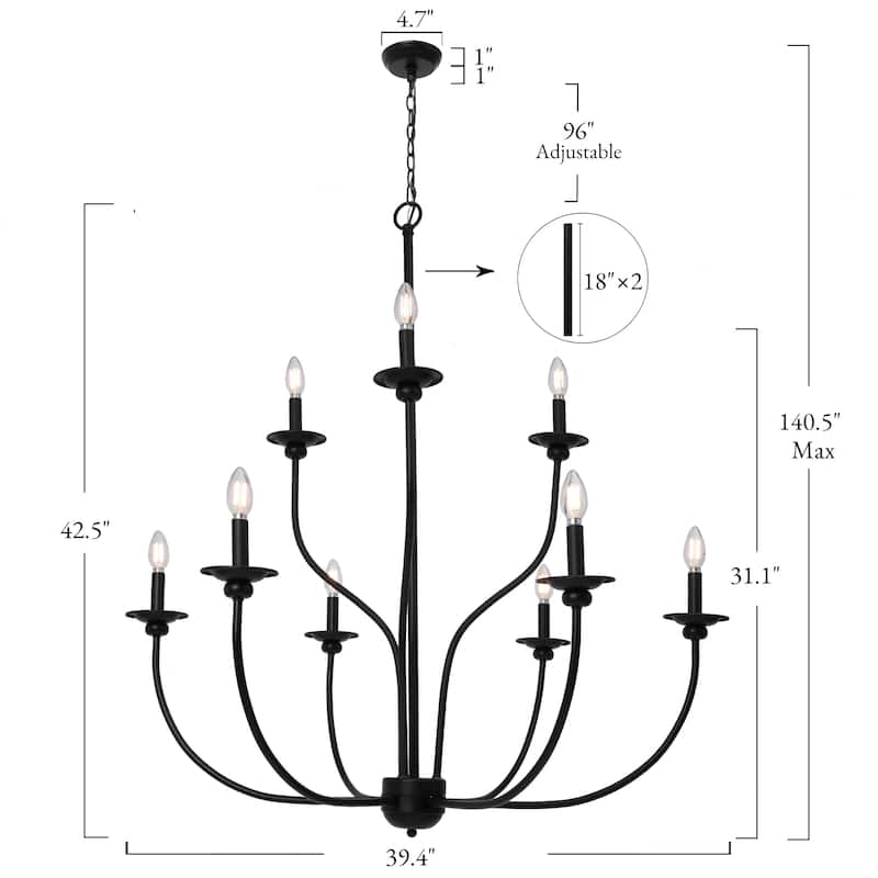 Modern Farmhouse 9-Light Chandelier Black Wheel 2-Tier Candle Lighting for Dining Living Room - D 39.4" x H 31.1"
