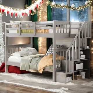 Twin over Twin Bunk Bed with Storage and Guard Rail for Bedroom, Dorm, Maximized Storage Space