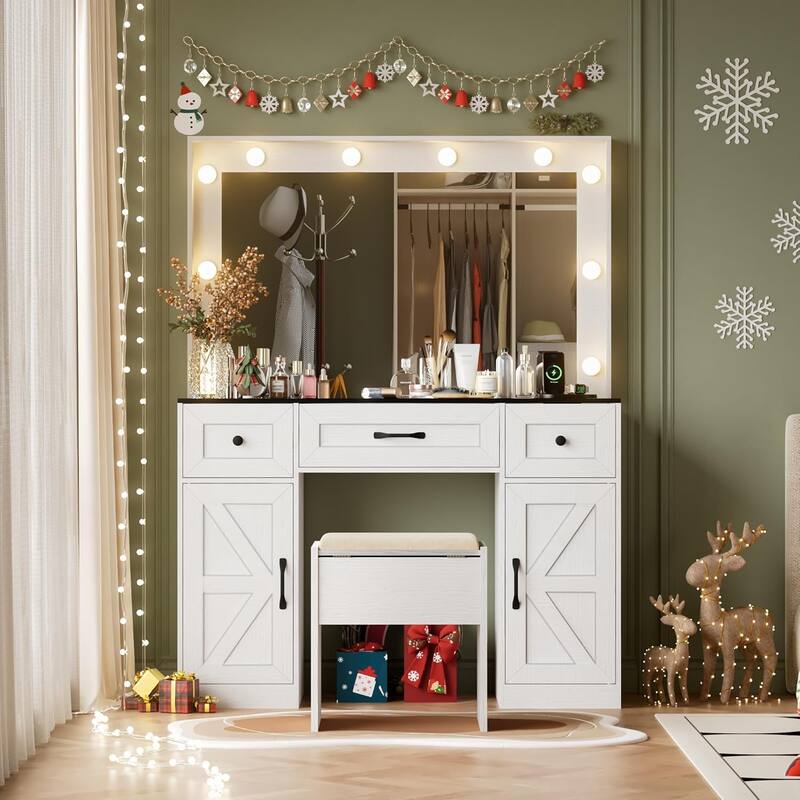 43.3'' Wide Makeup Vanity Dressing Table with Adjustable Lighted Mirror and Stool, Power Outlet