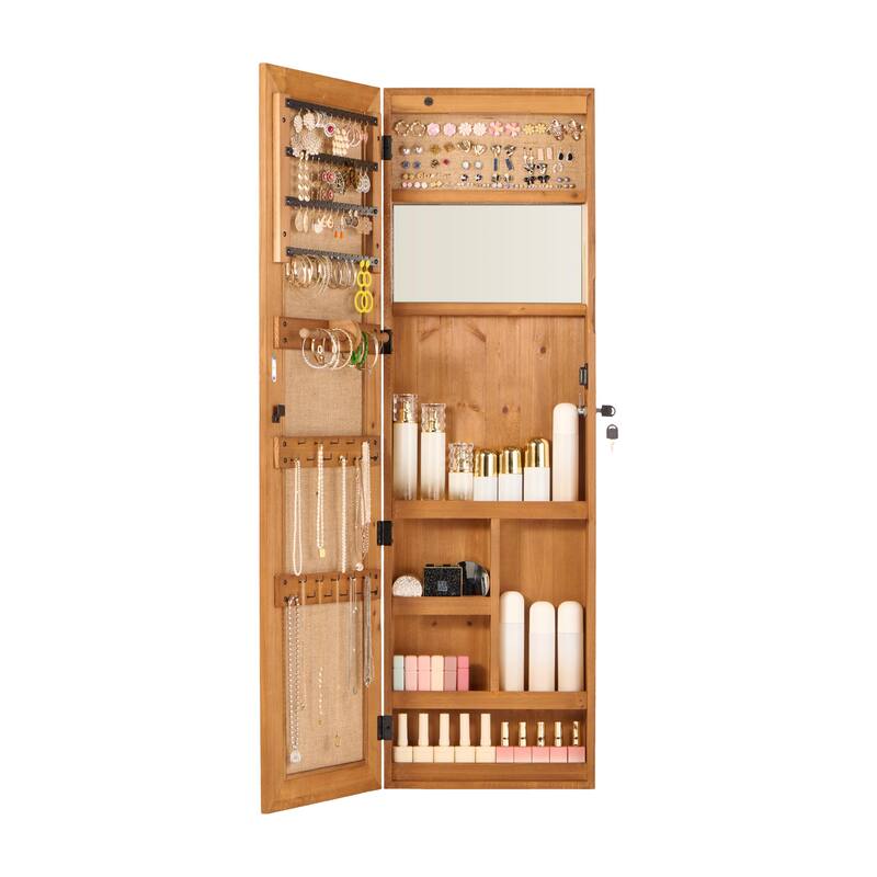 Solid Wood Jewelry Armoire Organizer Cabinet with Full-Length Mirror, 47.5x14.3 in Wall-Mounted Lockable with LED Light