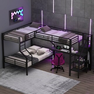 Metal L-Shaped Twin Over Full Bunk Bed with Loft Bed Frame Built-in ...