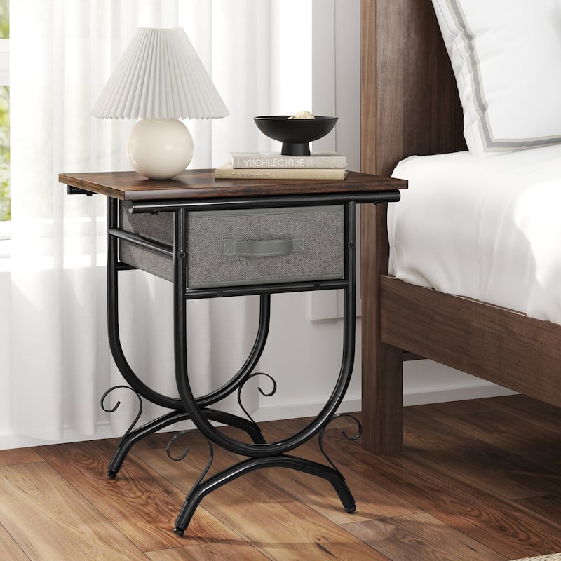 Rustic Wood Side Table with Metal Frame and Grey Fabric Drawer for Bedroom Living Room Storage - 19" x 14" x 21"